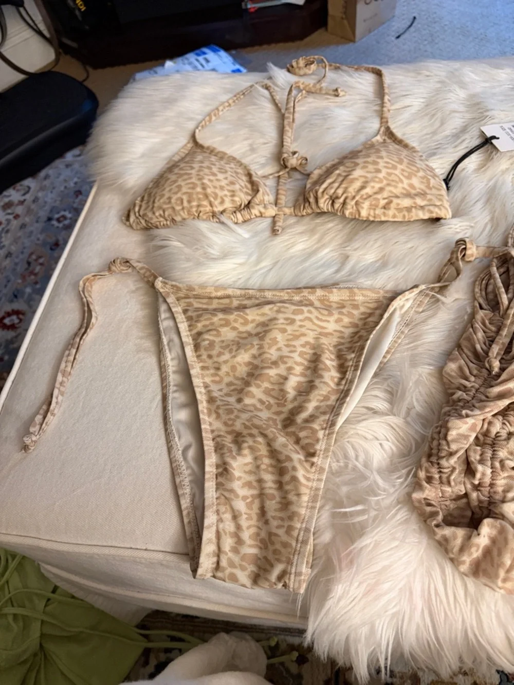 Kendall & Kylie Beige Leopard Print Triangle Bikini and cover up dress